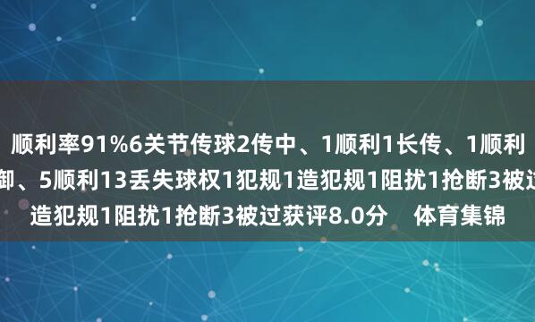 顺利率91%6关节传球2传中、1顺利1长传、1顺利2创造要紧契机15抵御、5顺利13丢失球权1犯规1造犯规1阻扰1抢断3被过获评8.0分    体育集锦