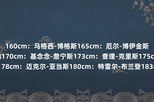160cm：马格西-博格斯165cm：厄尔-博伊金斯168cm：斯帕德-韦伯170cm：基念念-詹宁斯173cm：查理-克里斯175cm：以赛亚-托马斯178cm：迈克尔-亚当斯180cm：特雷尔-布兰登183cm：克里斯-保罗185cm：伊赛亚-托马斯188cm：斯蒂芬-库里191cm：杰里-韦斯特193cm：德维恩-韦德196cm：奥斯卡-罗伯特森198cm：迈克尔-乔丹201cm：朱利叶斯-欧文203cm：斯科蒂-皮蓬206cm：勒布朗-詹姆斯208cm：比尔-拉塞尔211cm：蒂姆-邓肯213cm：哈基姆-奥拉朱旺216cm：沙奎尔-奥尼尔218cm：卡里姆-阿卜杜勒-贾巴尔221cm：阿维达斯-萨博尼斯224cm：马克-伊顿226cm：查克-内维特231cm：马努特-波尔体育集锦